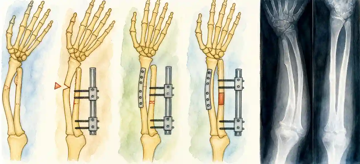 Forearm reconstruction in hereditary multiple exostoses: short ulna with a bowed radius, corrective osteotomy, plate fixation and gradual lengthening on an external fixator, with X-rays before and after