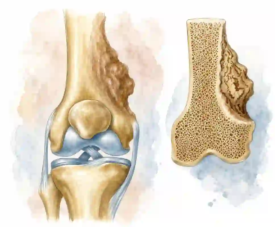 Exostosis (osteochondroma) on the lower femur beside the knee, with a cut section showing the lump's marrow continuous with the parent bone