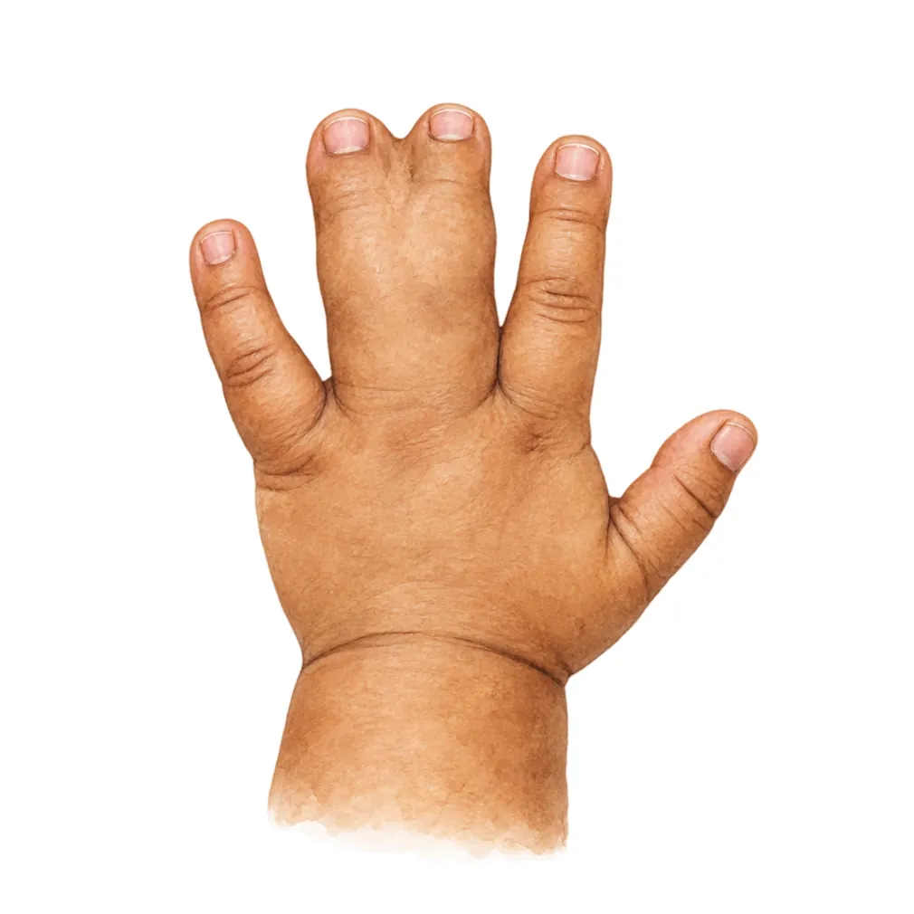 In syndactyly two fingers are joined; they are usually separated by an operation around 1–2 years of age.