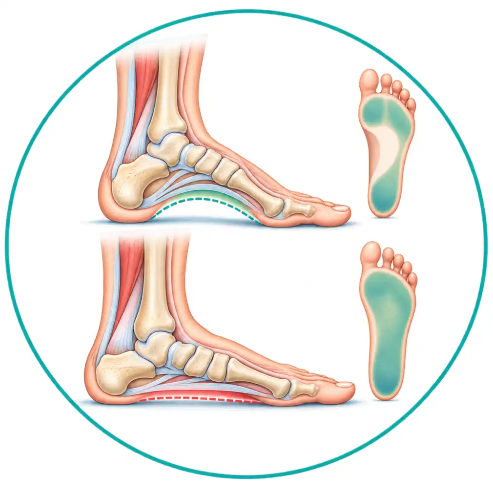 Standing, the inner side of the foot should lift into an arch. In flat feet it is very low or absent, and the whole sole meets the ground.