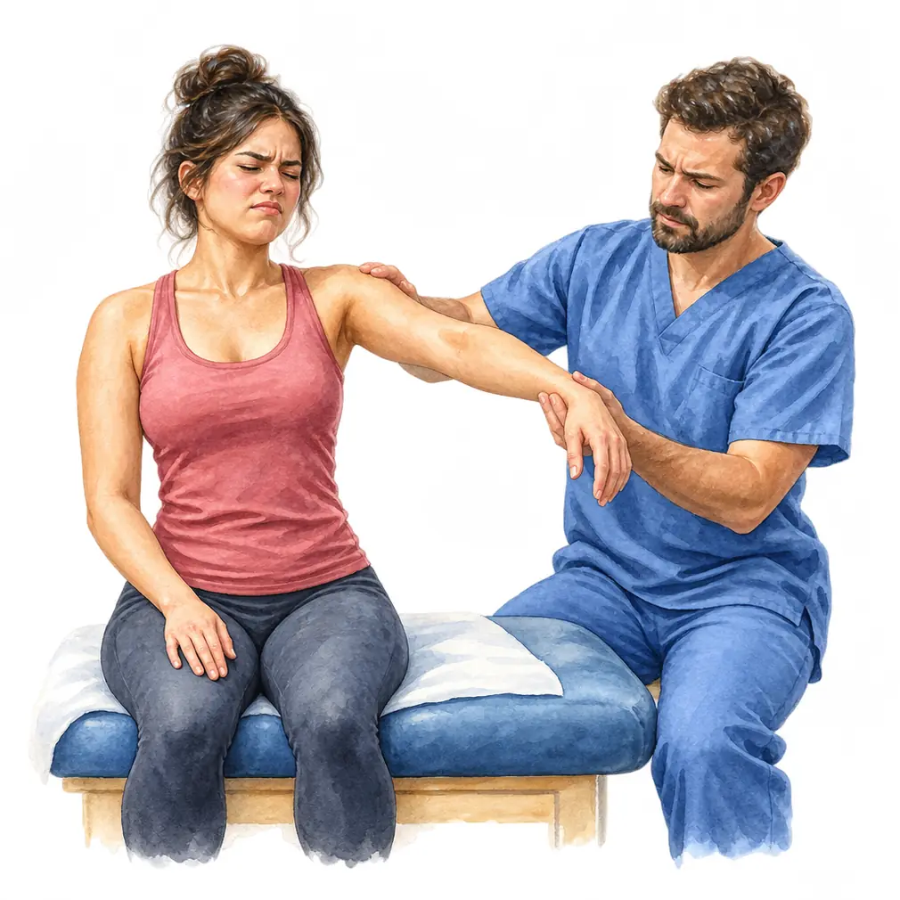 The giveaway sign: you cannot lift the arm, and neither can anyone else. The block is mechanical — the capsule will not let the joint turn.