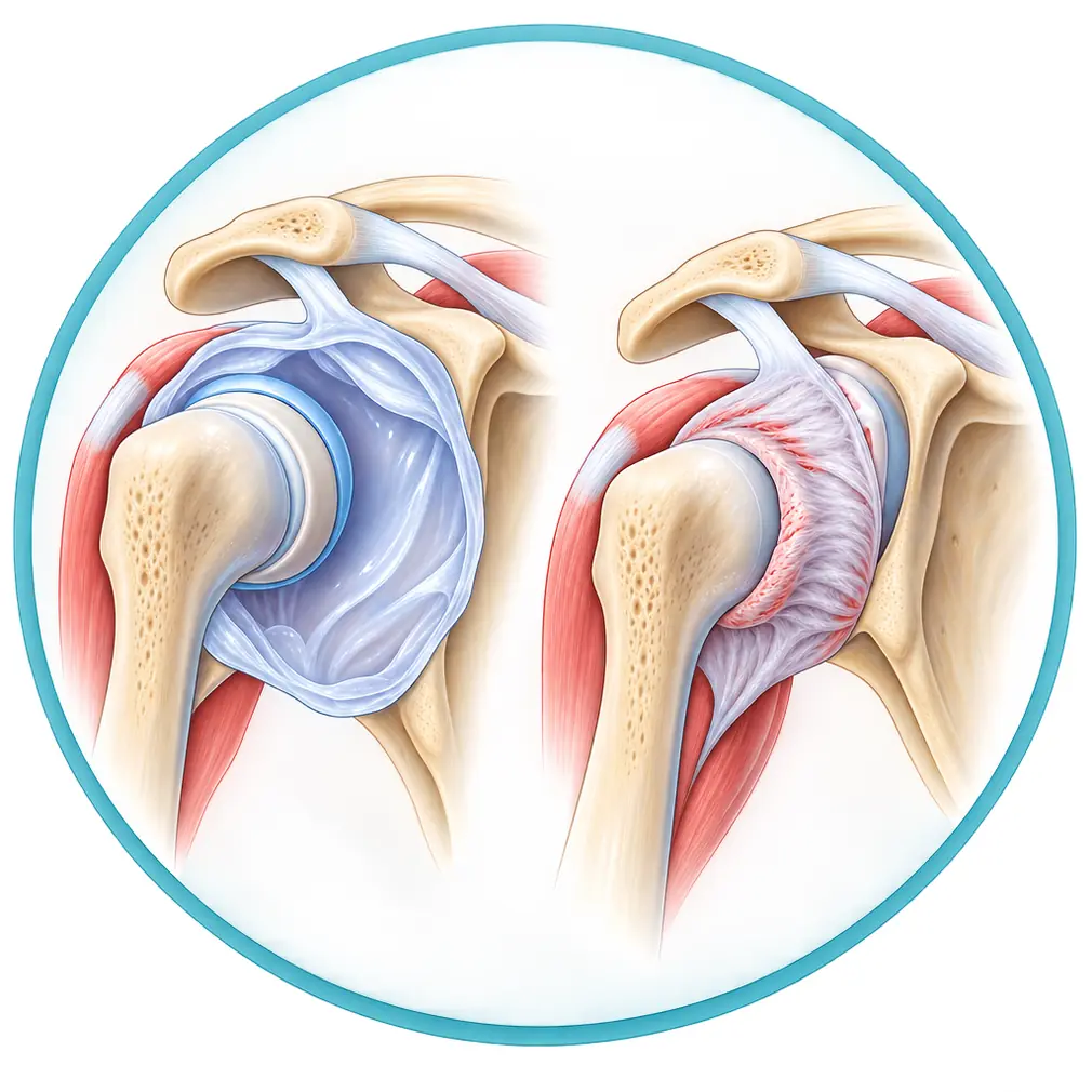 The shoulder sits inside a bag of tissue called the capsule. In frozen shoulder it thickens and shrinks tight around the joint. Nothing is torn or worn out.