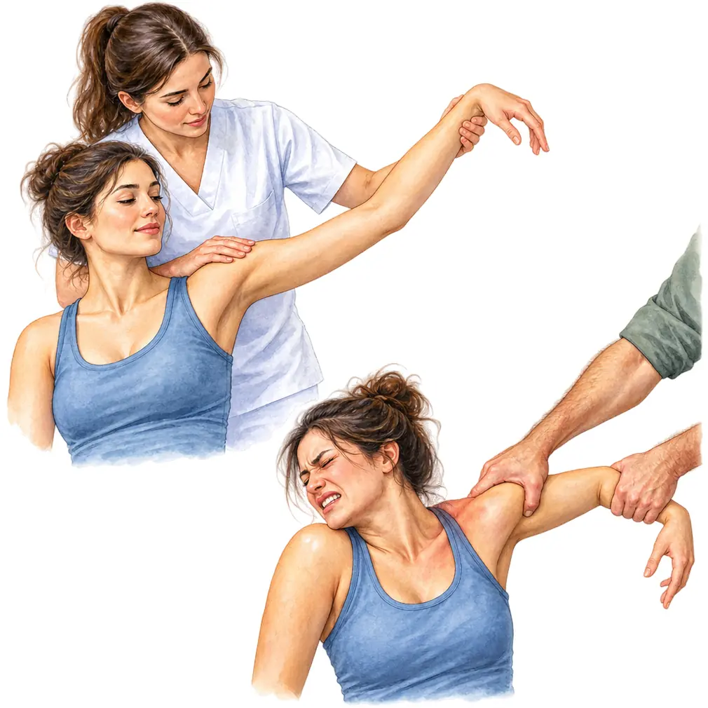 Stretch to the point of discomfort and hold — never to sharp pain. Forcing the arm causes bleeding in the capsule, and it tightens further in response.