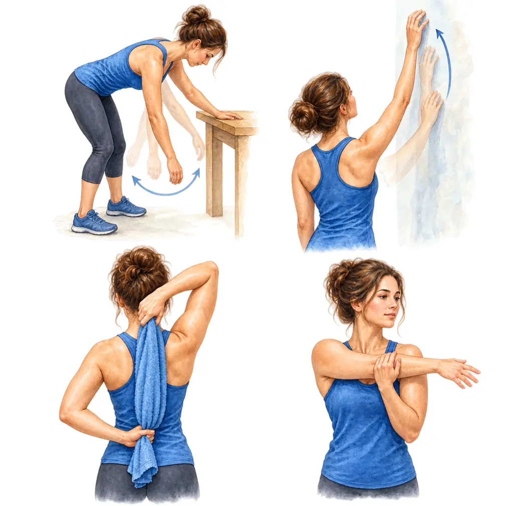Pendulum swings, walking the fingers up a wall, a towel stretch behind the back, and a crossover stretch — several times a day, every day.