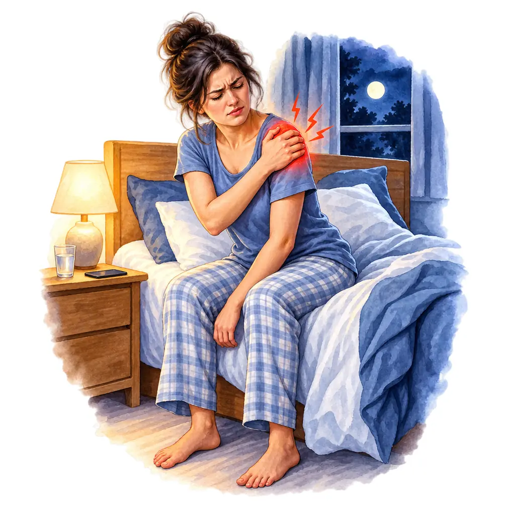 Freezing stage, 6 weeks to 9 months: pain builds gradually and is worst at night. Lying on that side wakes you.