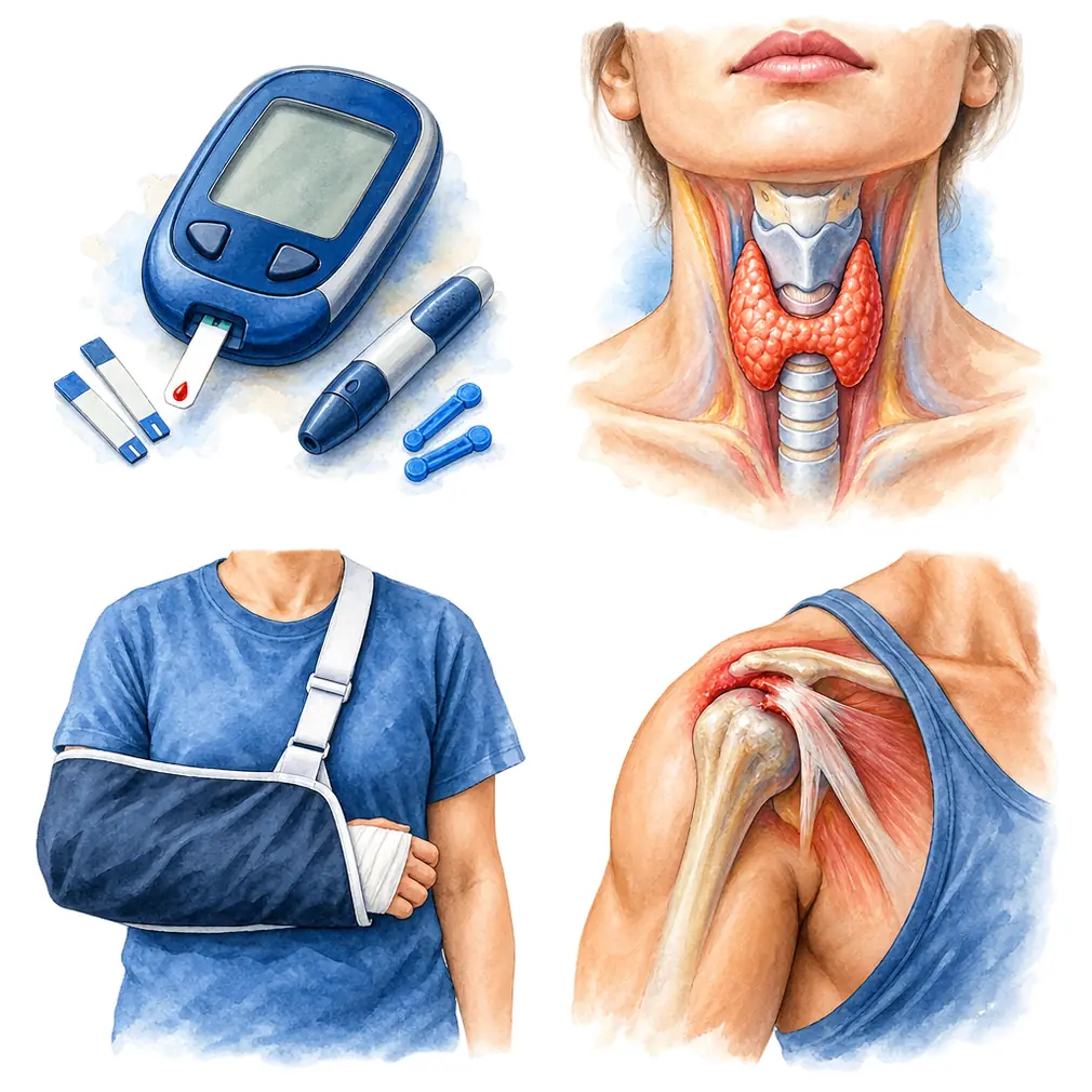 Diabetes is the strongest link by far. Also thyroid disease, and any spell where the arm was kept still — a fracture, a sling, an operation.