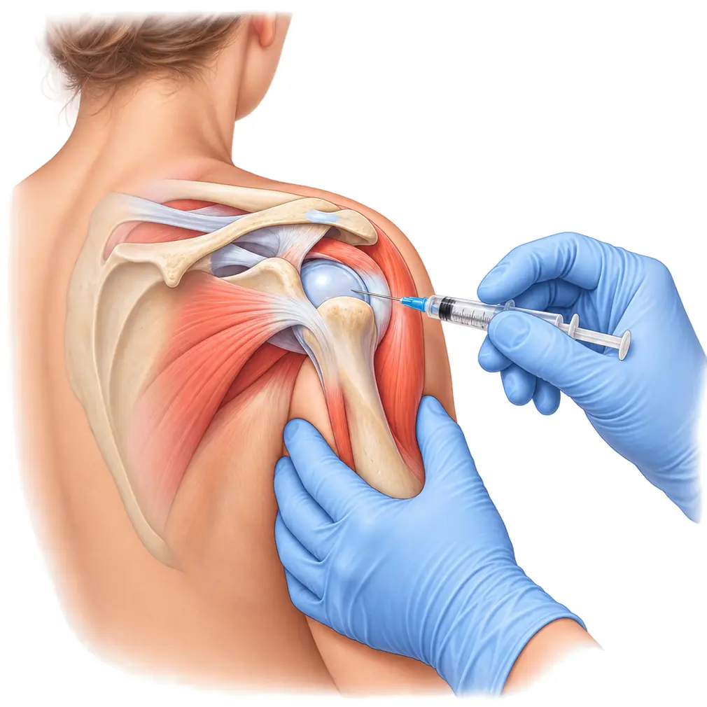 A steroid injection settles the pain of the freezing stage. Hydrodilatation, manipulation under anaesthetic or keyhole release follow if needed.