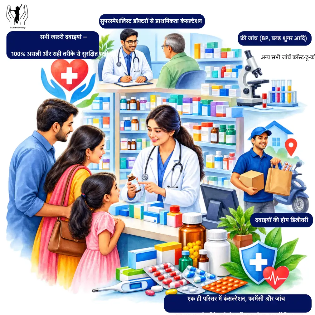 Pharmacist at GDP Care and Pharmacy, Goyal Nagar Indore, handing dispensed medicines to a family, with home delivery and in-house consultation