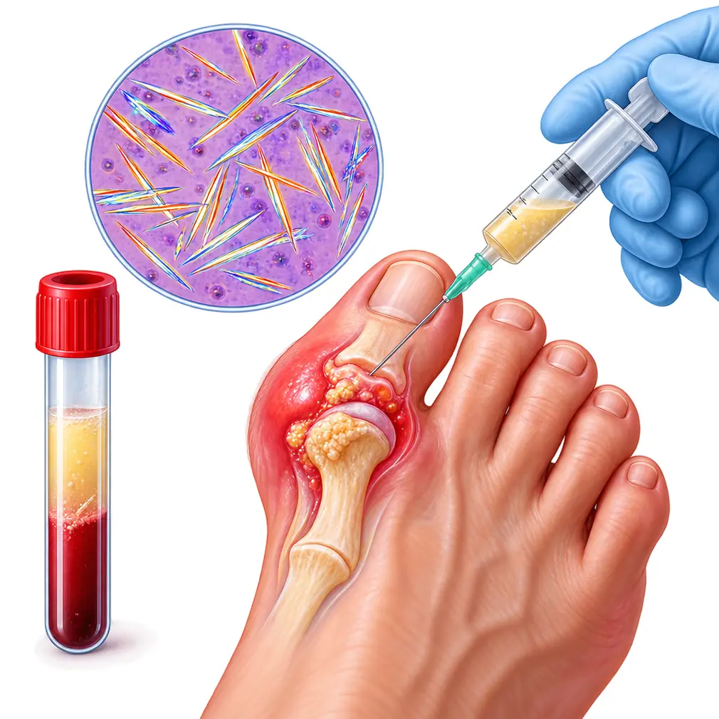 A blood test for uric acid — though it can read normal during an attack. The certain test is fluid drawn from the joint, with the crystals seen under a microscope.