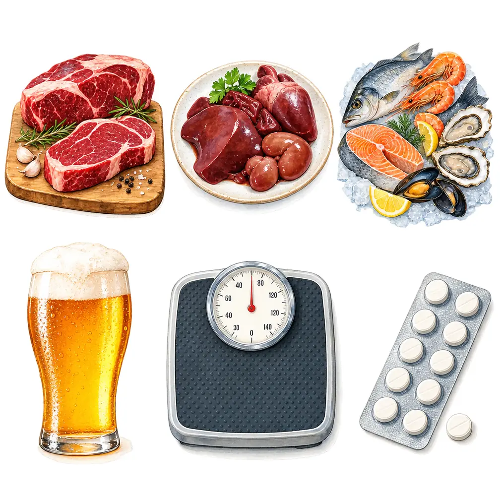 Red meat, organ meat and seafood, alcohol and especially beer, extra weight, a family history, and some medicines all push the level up.
