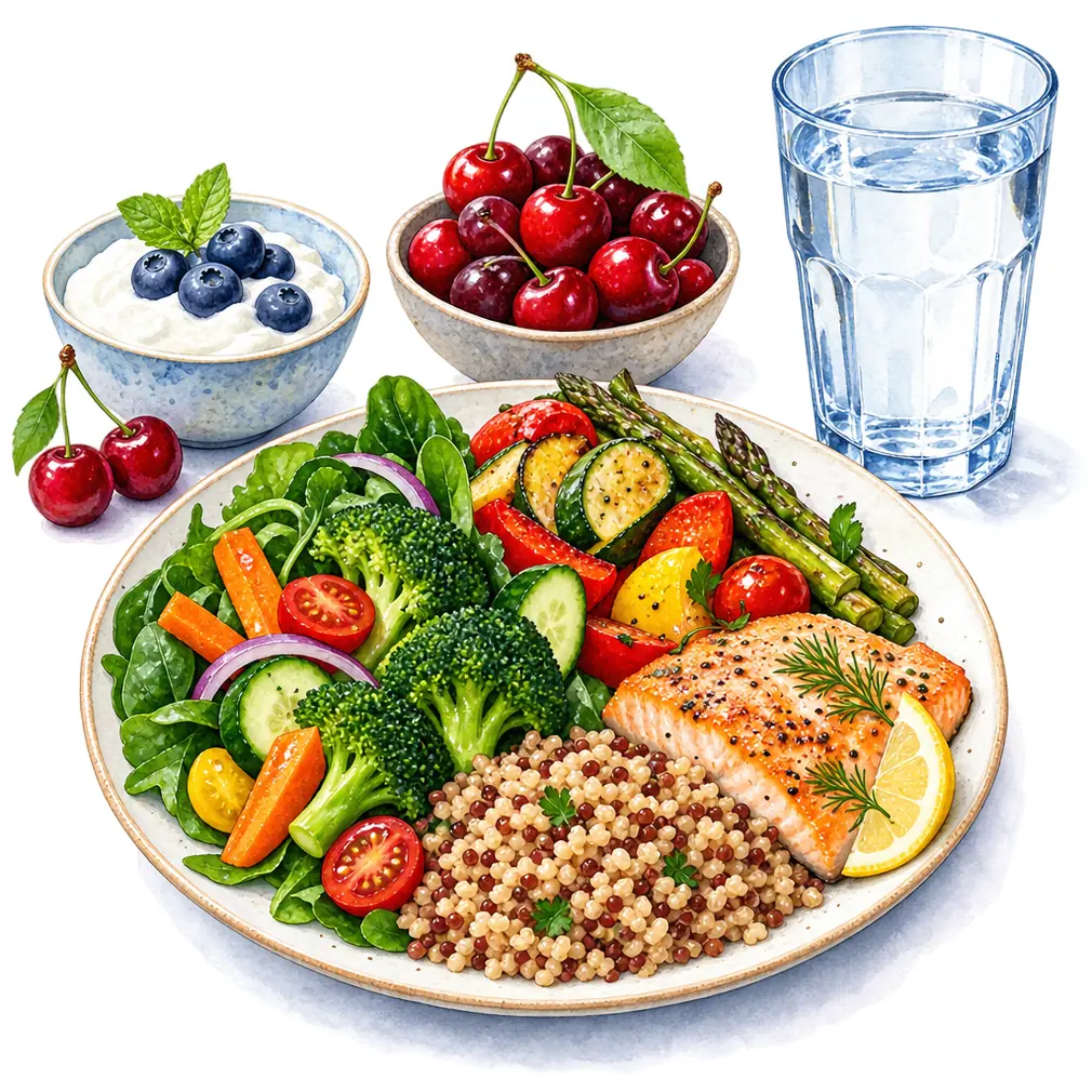 Cut red meat, organ meat, seafood and beer. Low-fat dairy, vegetables, whole grains and cherries help — and drink plenty of water every day.
