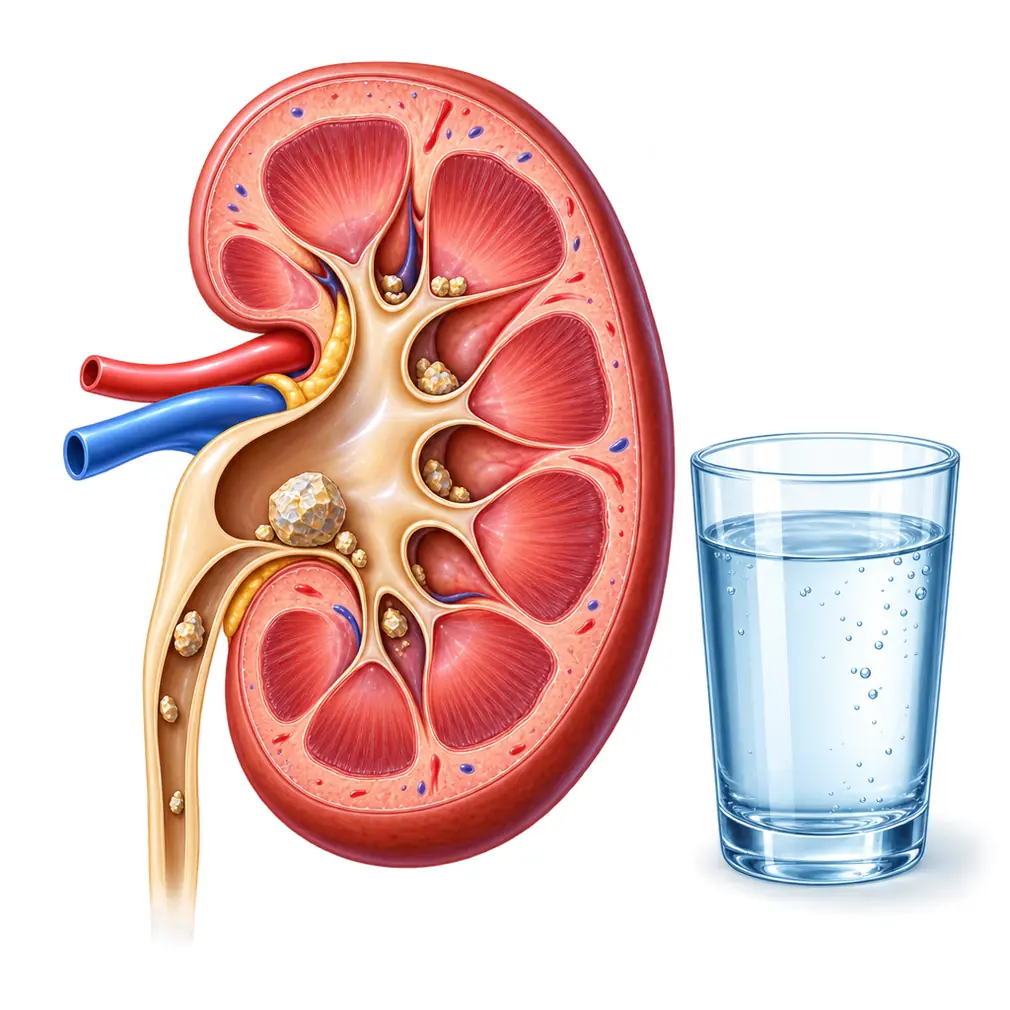 Dehydration concentrates the uric acid. Untreated, gout leads to kidney stones and kidney damage — it is never only a joint problem.
