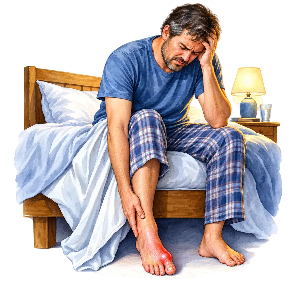 It comes on suddenly, very often in the middle of the night. The joint swells, turns red and hot, and even the weight of a bedsheet is unbearable.