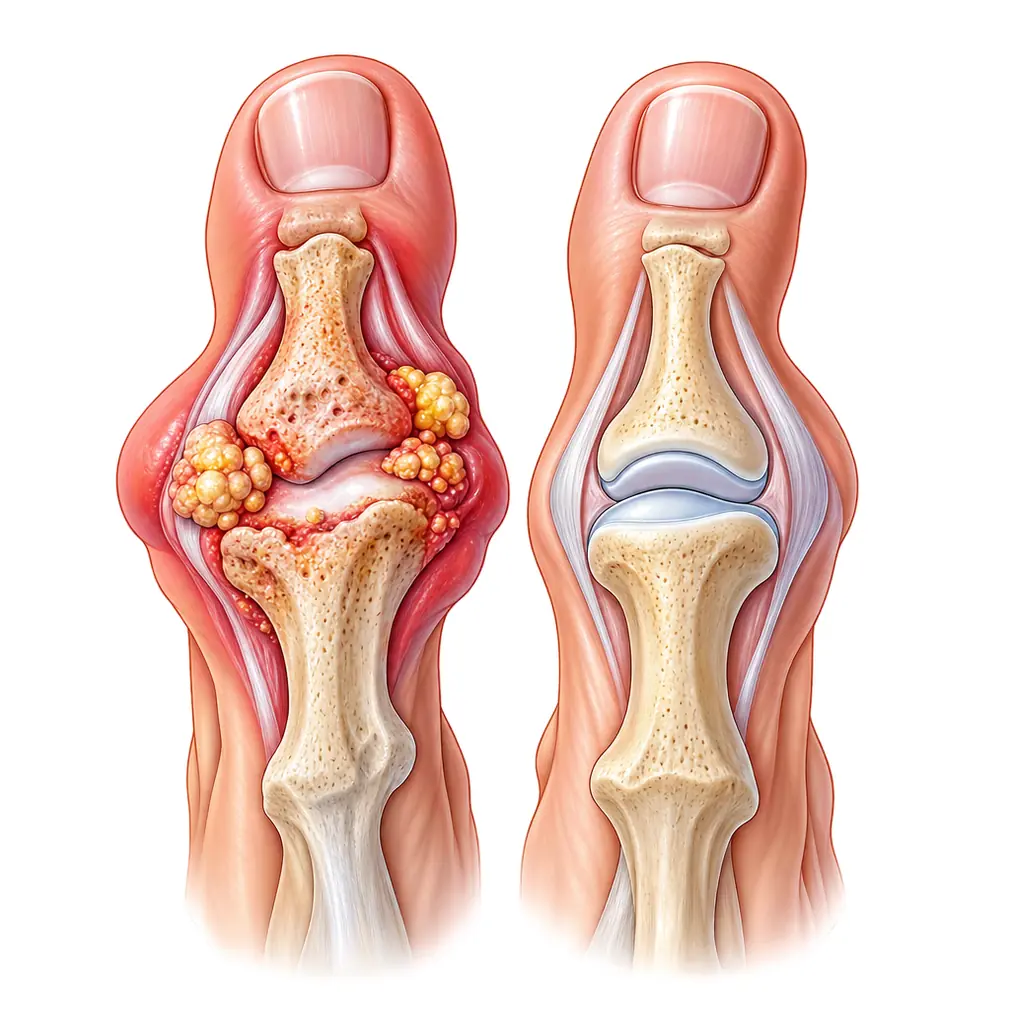 Kept on treatment, the attacks stop and the joints stay sound — lumps of crystal shrink away. Left alone, gout damages joints and kidneys permanently.
