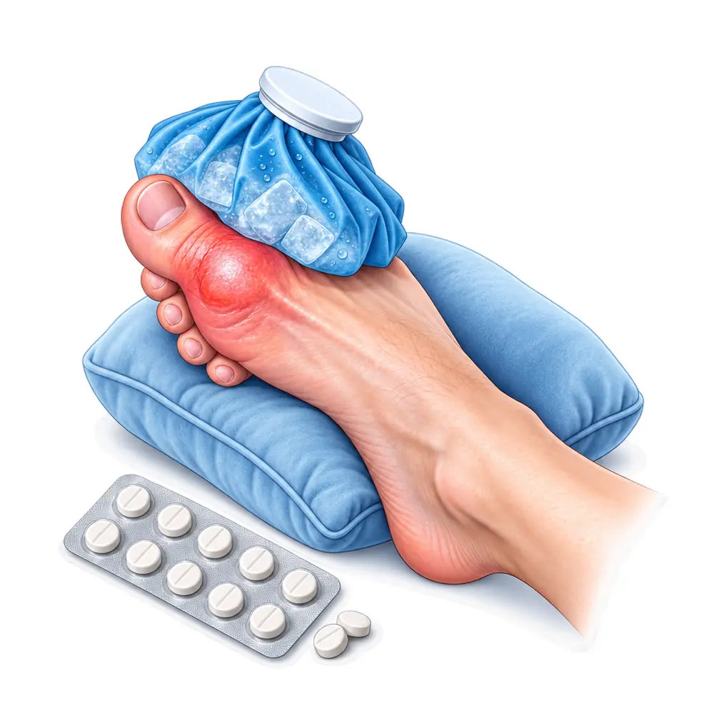Start the medicine early — the sooner it begins, the shorter the attack. Ice the joint, rest it, and keep even the bedsheet off it.