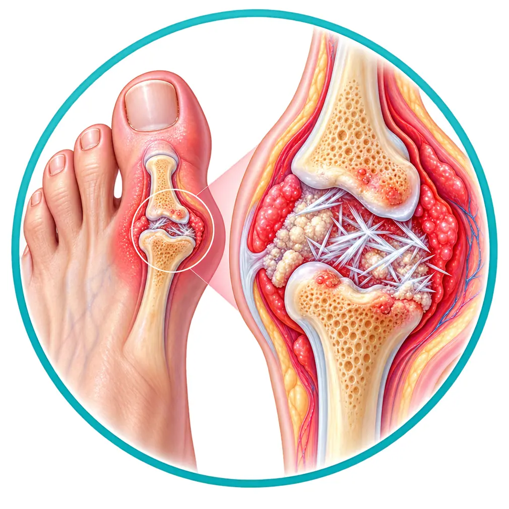 Too much uric acid turns into needle-sharp crystals inside a joint. The body attacks them, and that fight is the attack of pain and swelling.