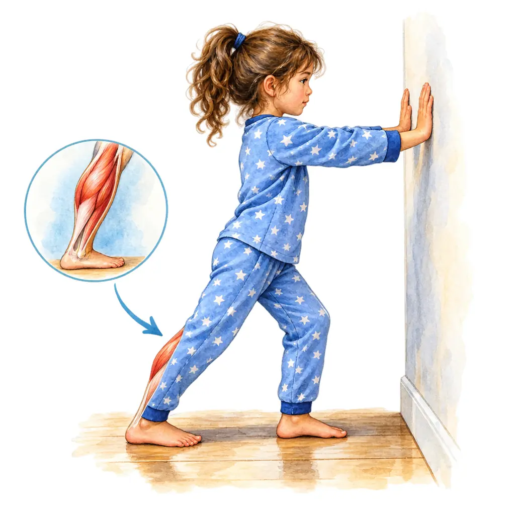 Stretching the calves and thighs before bed, every night, and shoes that fit and support the foot.