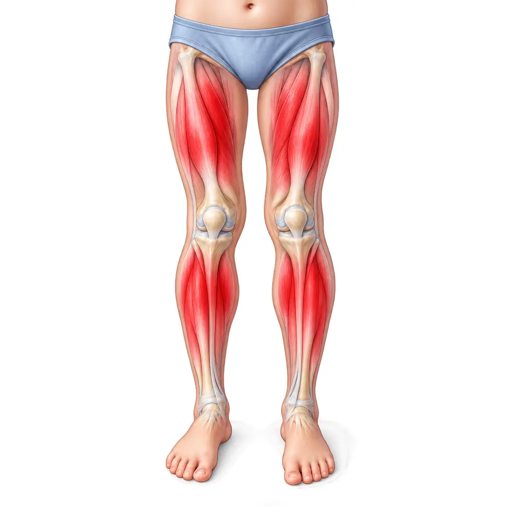 Both legs, never one — the fronts of the thighs, the calves and behind the knees. In the muscle, never in a joint.