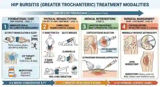 Hip bursitis treatment ladder - activity modification and ice, physical rehabilitation, injections, and surgery as a last resort