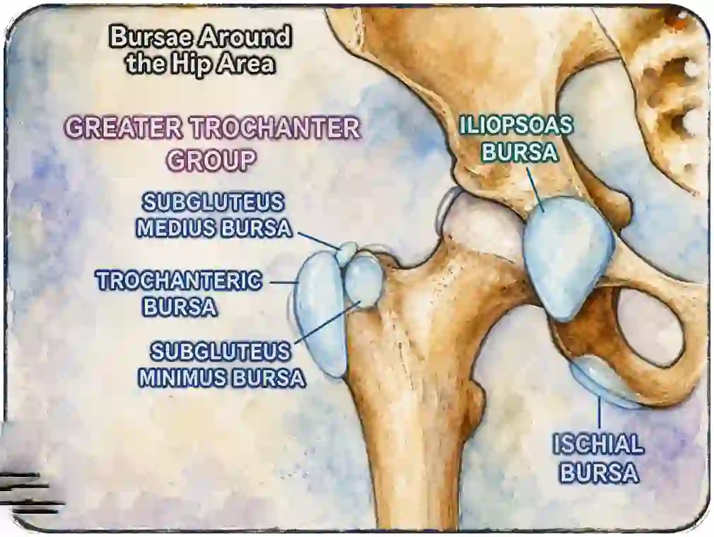 The bursae around the hip - trochanteric, subgluteus medius and minimus, iliopsoas and ischial bursae