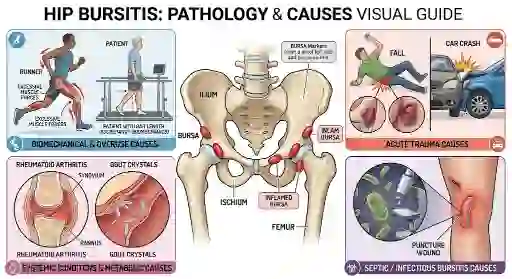 Hip bursitis causes chart - biomechanical overuse, acute trauma, inflammatory conditions and septic bursitis