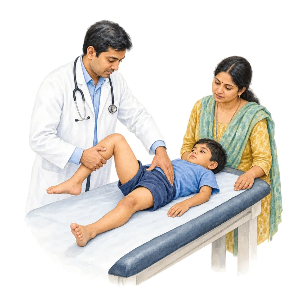 The doctor checks hip movement; hip pain with fever must be seen the same day.