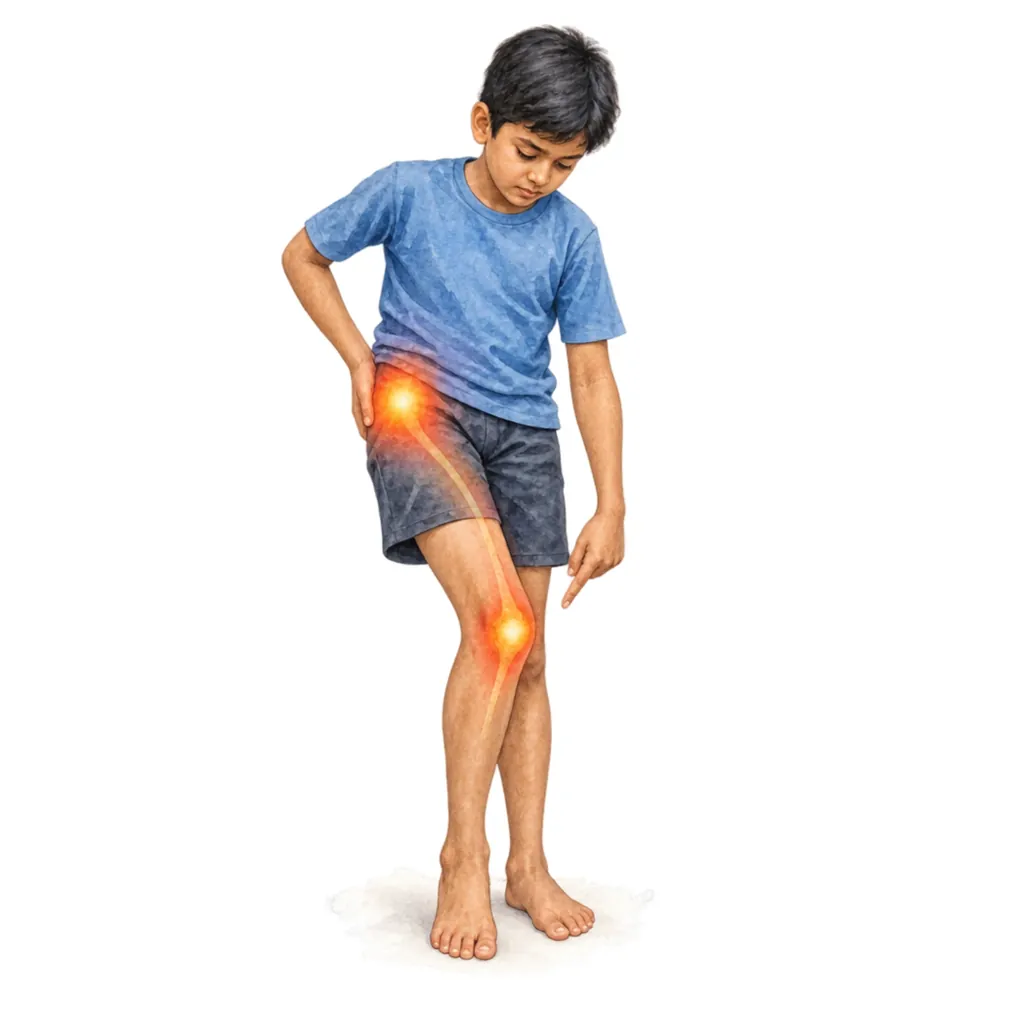 Hip problems in children often show up as pain in the thigh or knee.