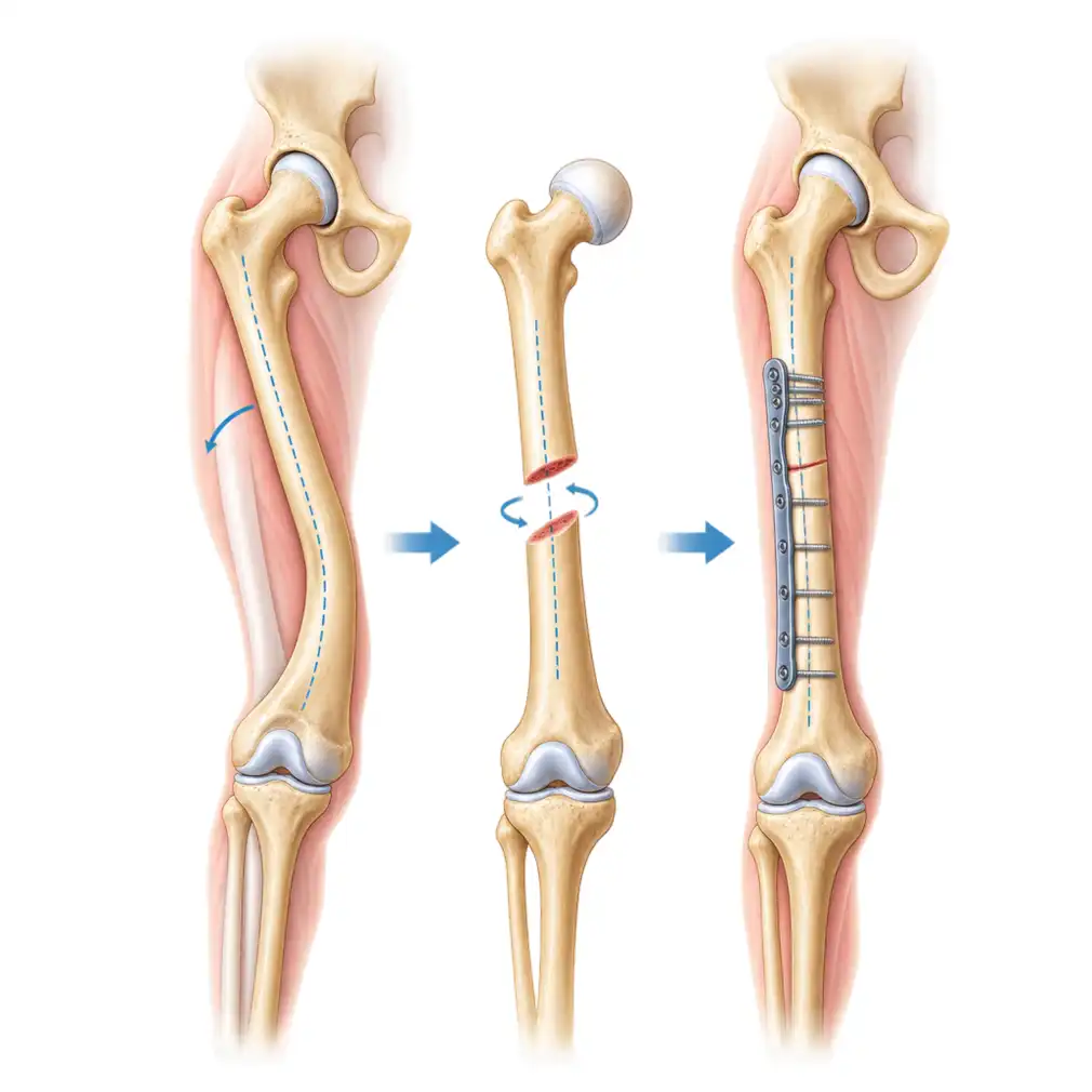 Very rarely, when the twist is severe and still causing trouble past the age it should have gone, the bone is cut and rotated back into line.