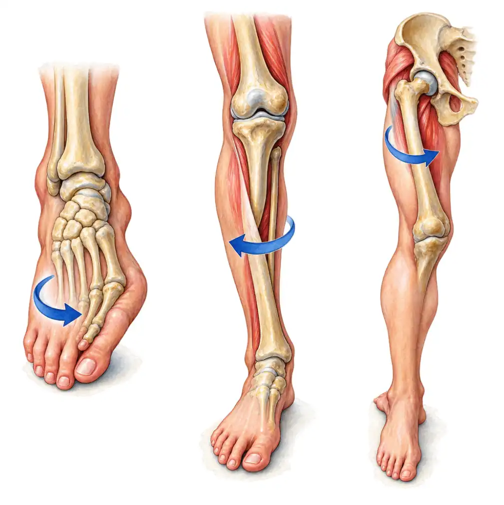 It comes from one of three places — the front of the foot, the shin bone, or the thigh bone at the hip. Which one it is decides everything.