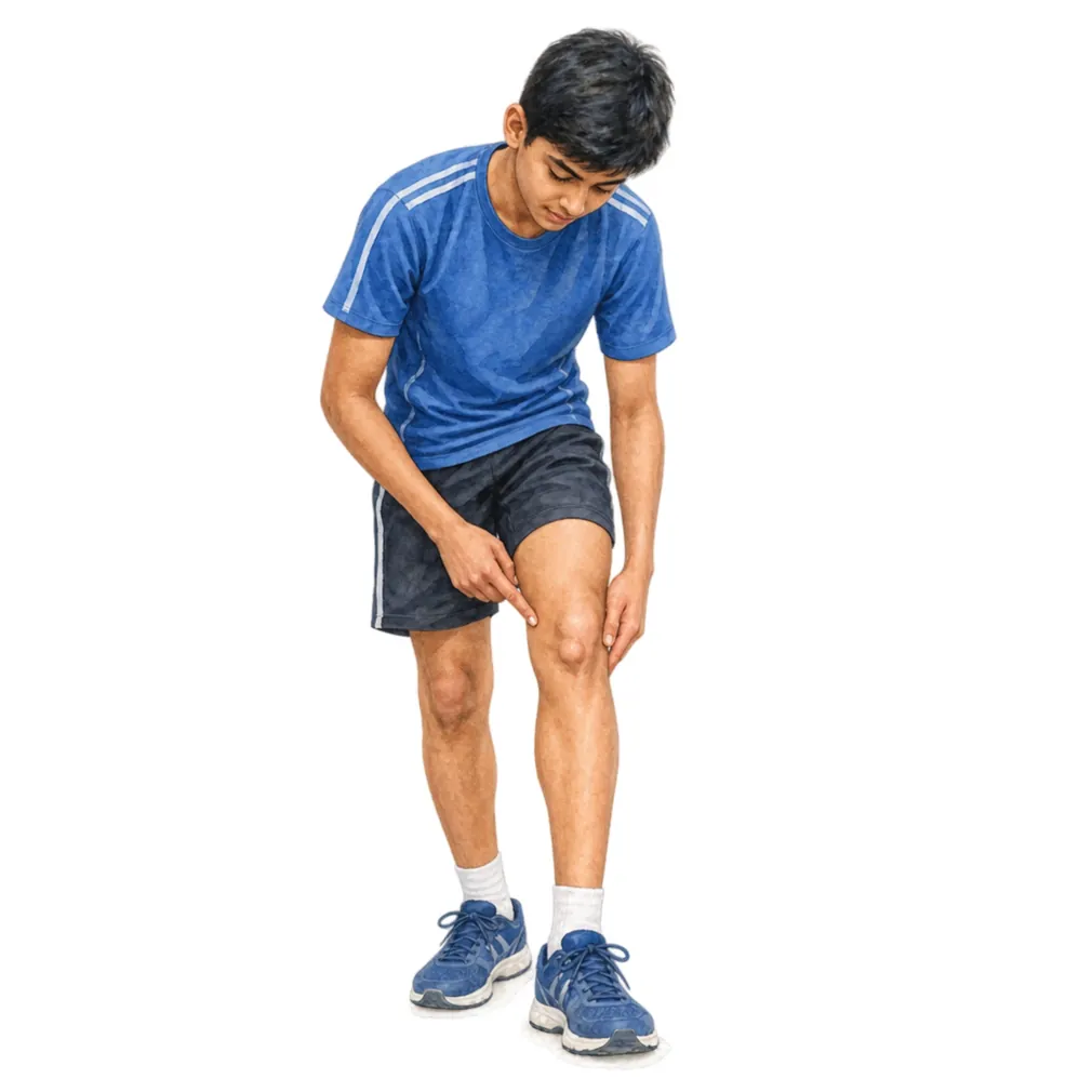 In active children, pain below the kneecap is often Osgood–Schlatter, a growth-related strain.