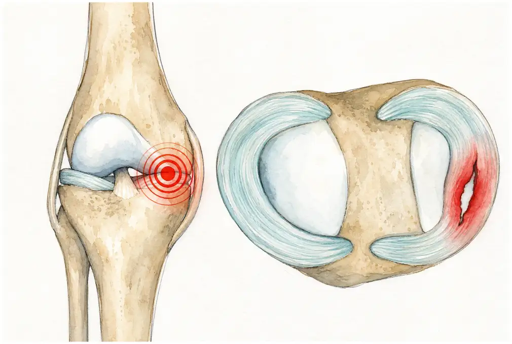 Torn meniscus of the knee shown from the front and from above