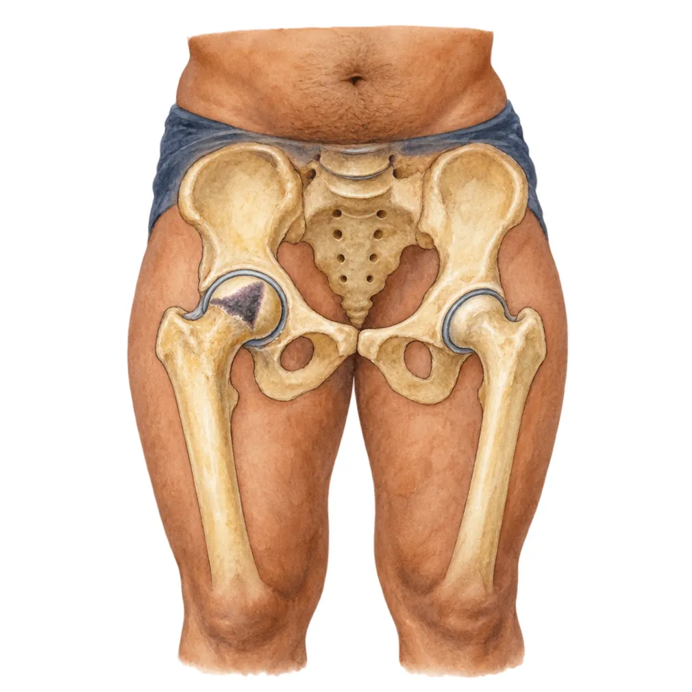 In avascular necrosis part of the hip ball loses its blood supply and weakens.