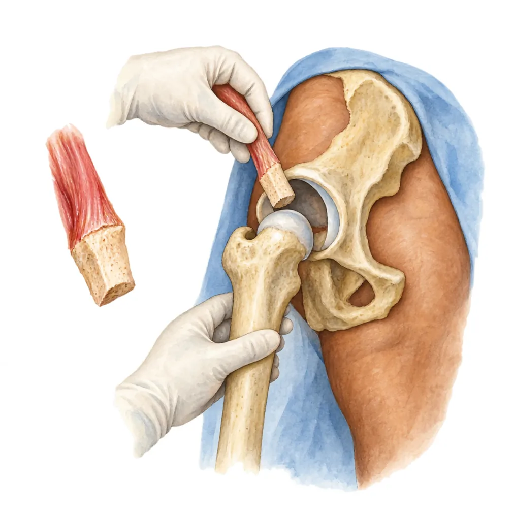 Muscle pedicle grafting moves living bone, with its muscle and blood supply, into the hip.