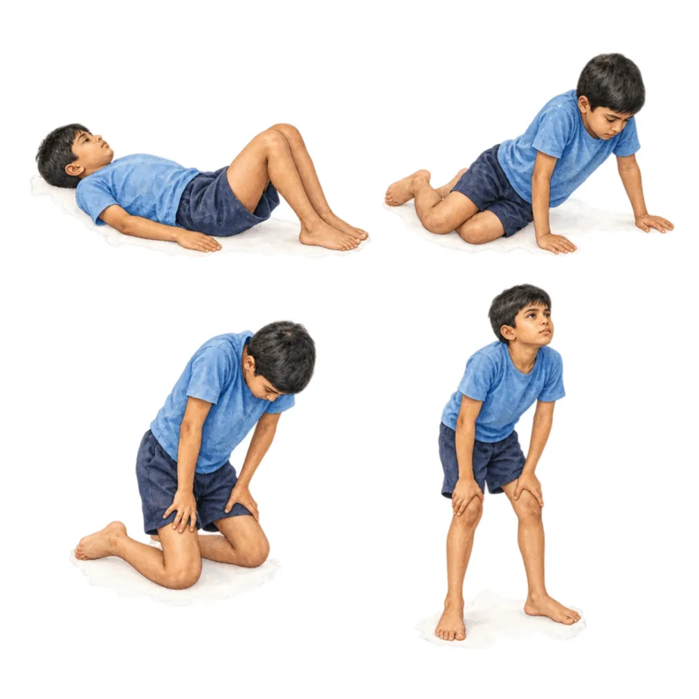 Boys with Duchenne muscular dystrophy push on their thighs to stand up from the floor.