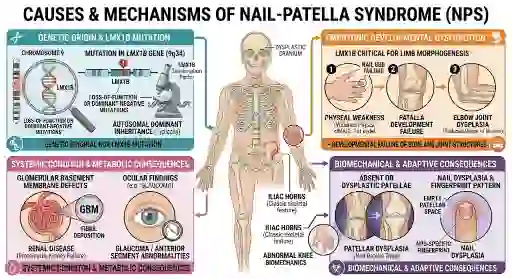 Nail patella syndrome mechanisms - LMX1B mutation, limb morphogenesis, iliac horns, kidney and eye involvement