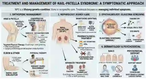 Nail patella syndrome management - orthopedic care, nephrology monitoring, annual glaucoma screening and nail care