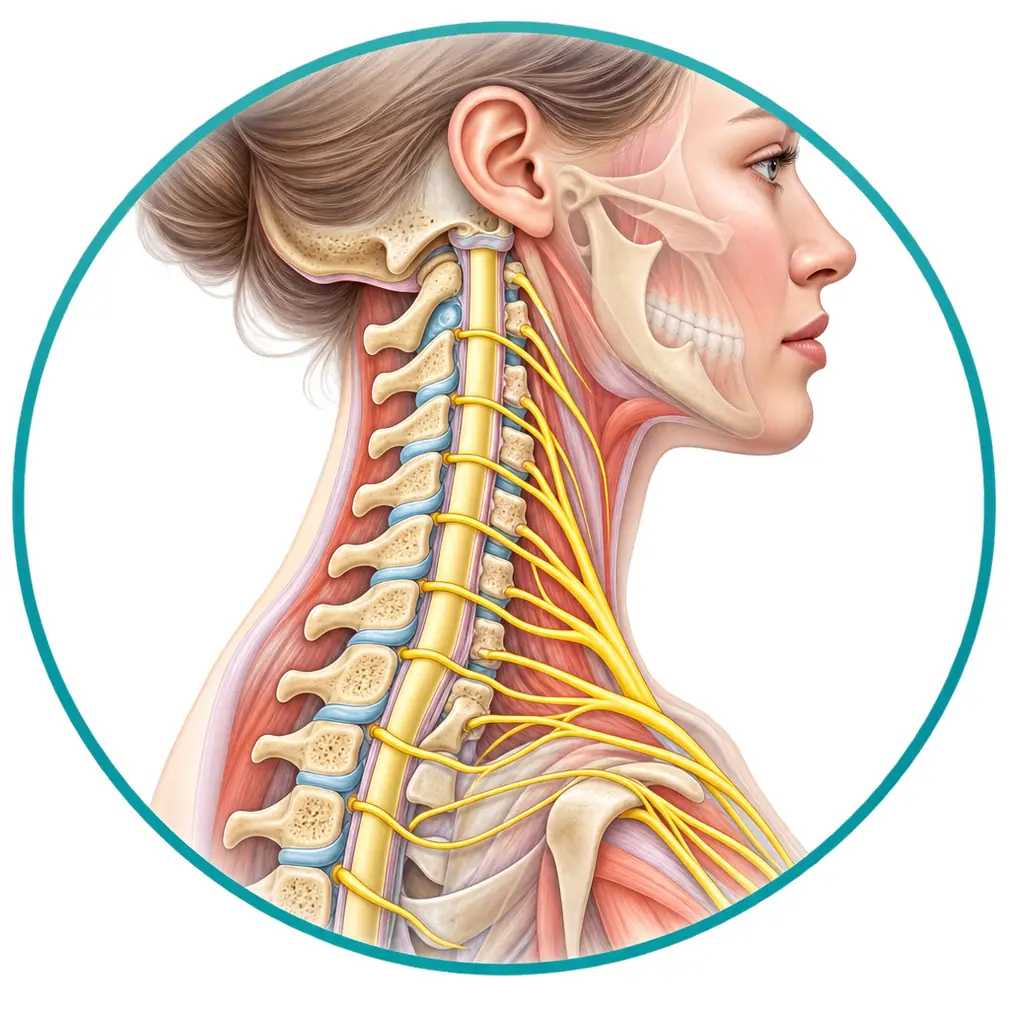 Seven small bones hold up a head weighing 5 to 7 kilos, with discs between them and nerves running out towards the hands.