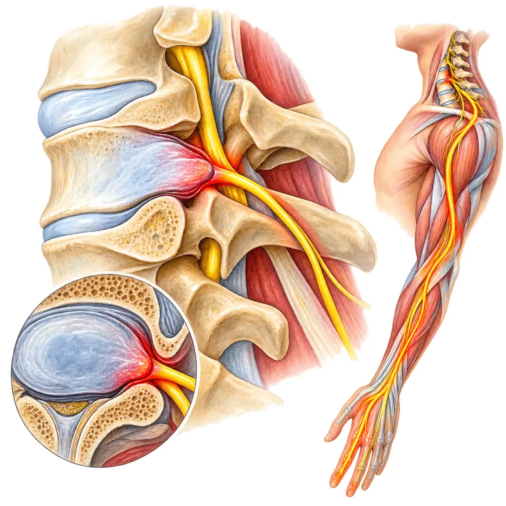 A disc can bulge and press on a nerve as it leaves the neck. Then the pain no longer stays in the neck — it runs down the arm.