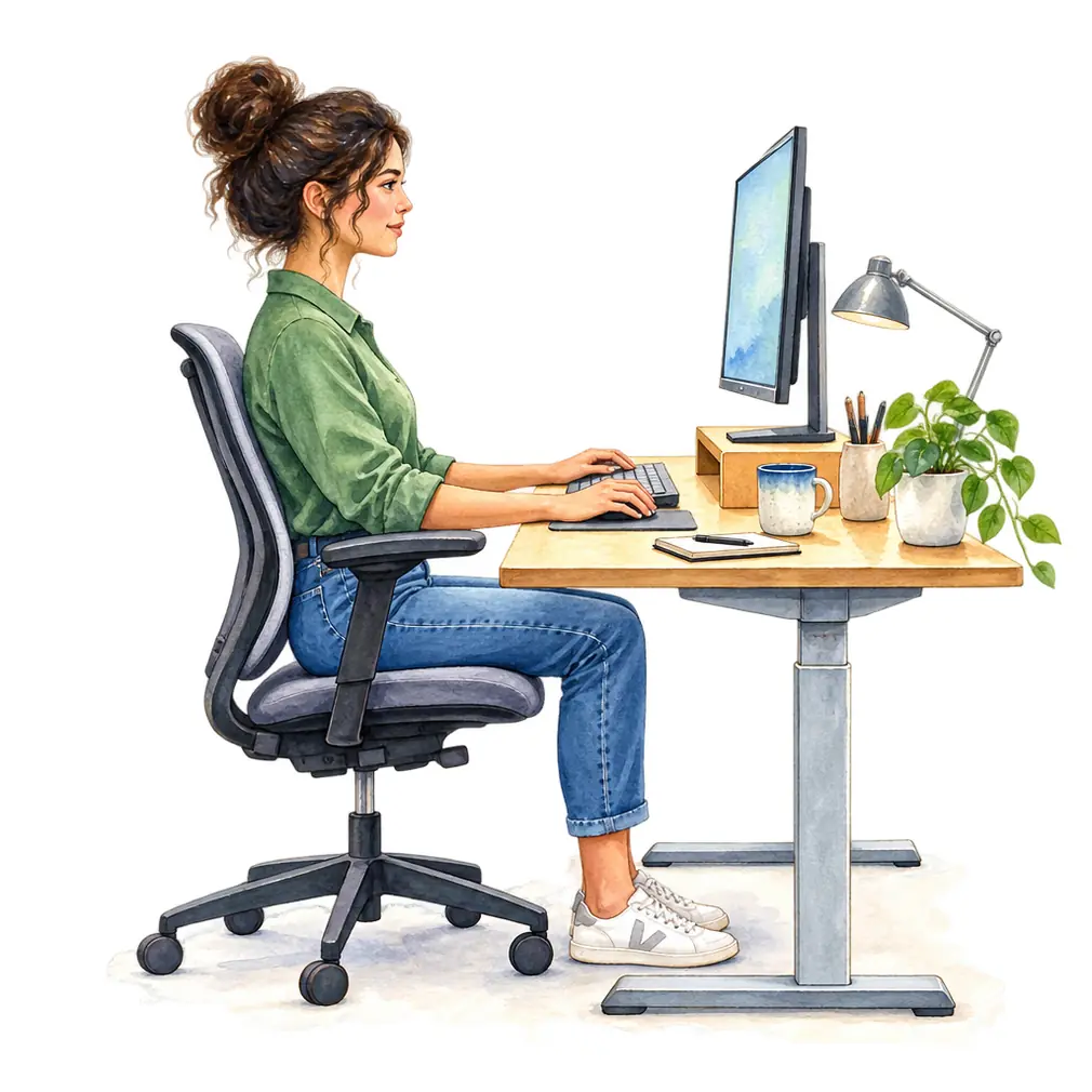 Screen at eye level, shoulders relaxed, feet flat — and get up and move every 30 minutes. No posture is good for an hour unbroken.