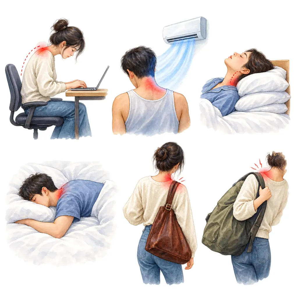 A screen too low, air conditioning on the neck, the wrong pillow, sleeping face down, and a heavy bag on one shoulder.