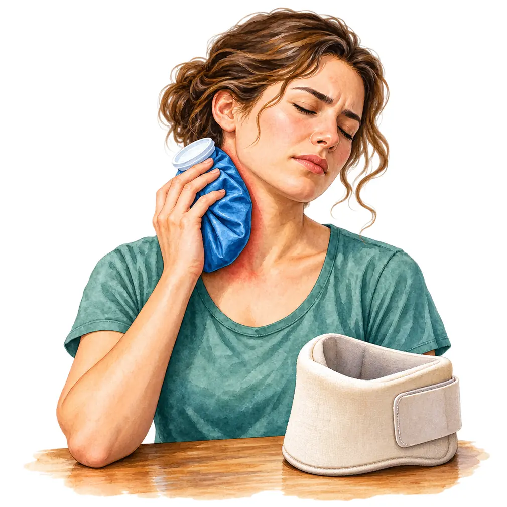 Ice for 15 minutes, four times a day. A soft collar for two or three days only — worn longer it weakens the very muscles that hold your head up.
