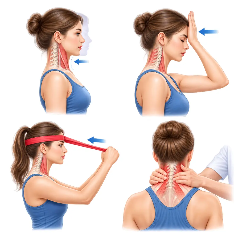 Chin tucks, isometric holds, resistance band work and manual therapy — this is where the real treatment happens. Nine in ten recover without surgery.