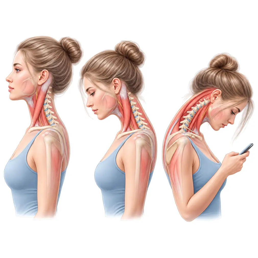 Upright, the head puts about 5 kilos through the neck. Tipped forward to a phone at 60 degrees, that becomes about 27 kilos.