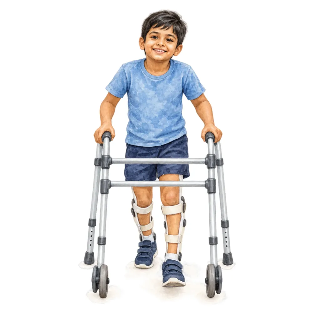 Many children walk with braces (orthoses) and therapy.
