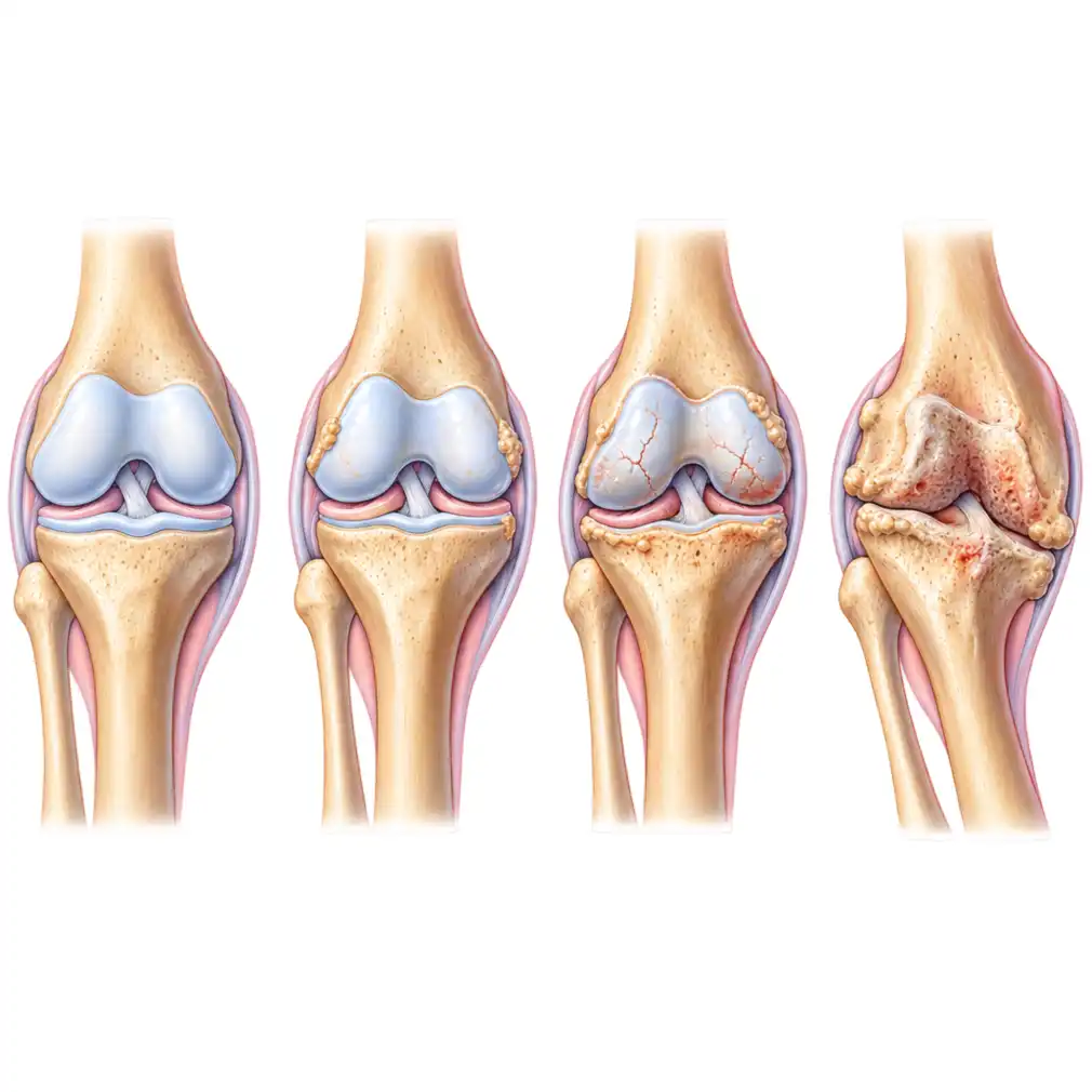 The four stages — full cartilage, early spurs, deep cracks with a narrowed gap, and finally bone on bone with the joint out of line.