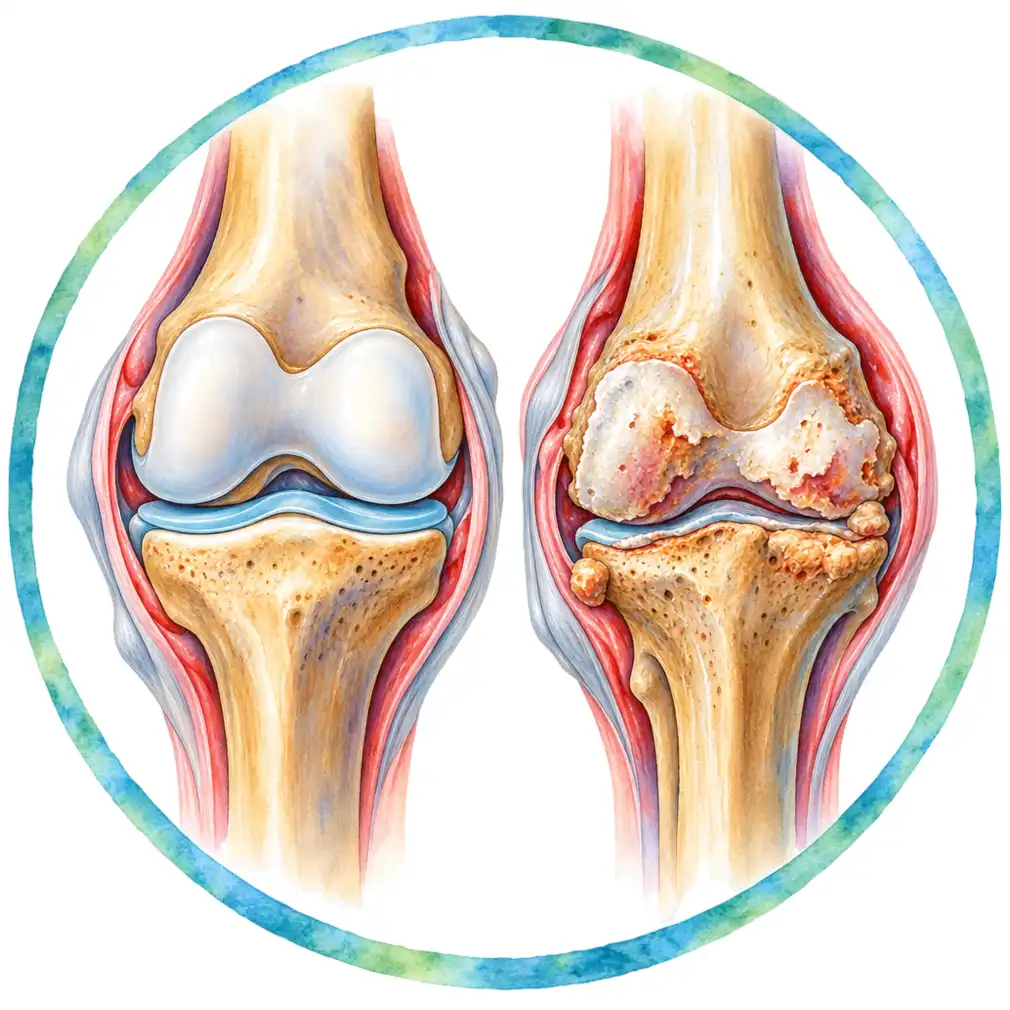 A healthy knee has a smooth cartilage cap and an even gap. In osteoarthritis the cap wears thin, the gap narrows and bony spurs form at the edges.