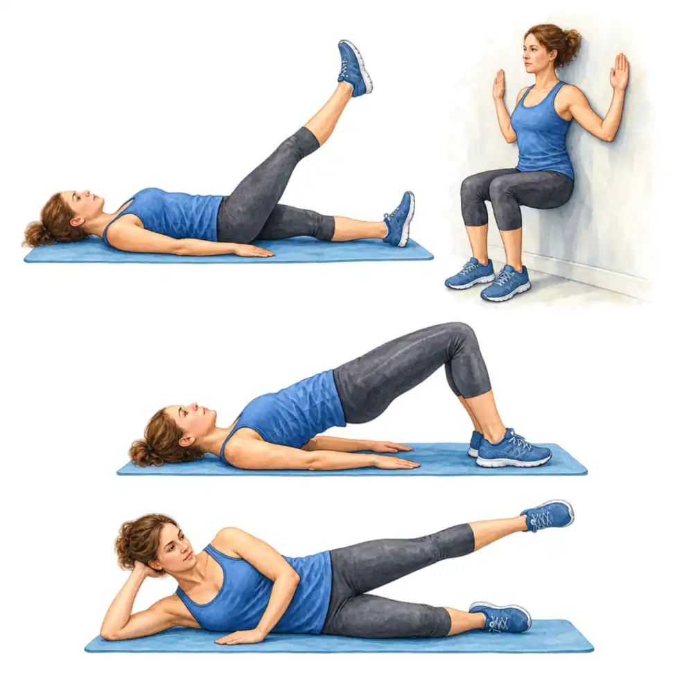 Straight leg raise, wall slide, bridge and side leg lift — 15 to 20 minutes a day. No deep squats, lunges, running or jumping.