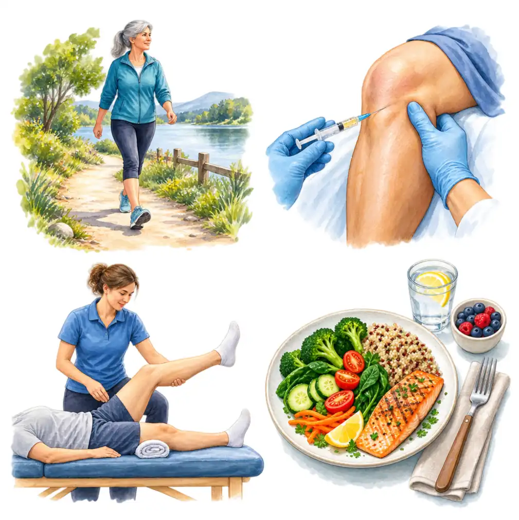 Walking, injections, physiotherapy and losing weight. One kilo off takes four kilos of load off the knee.