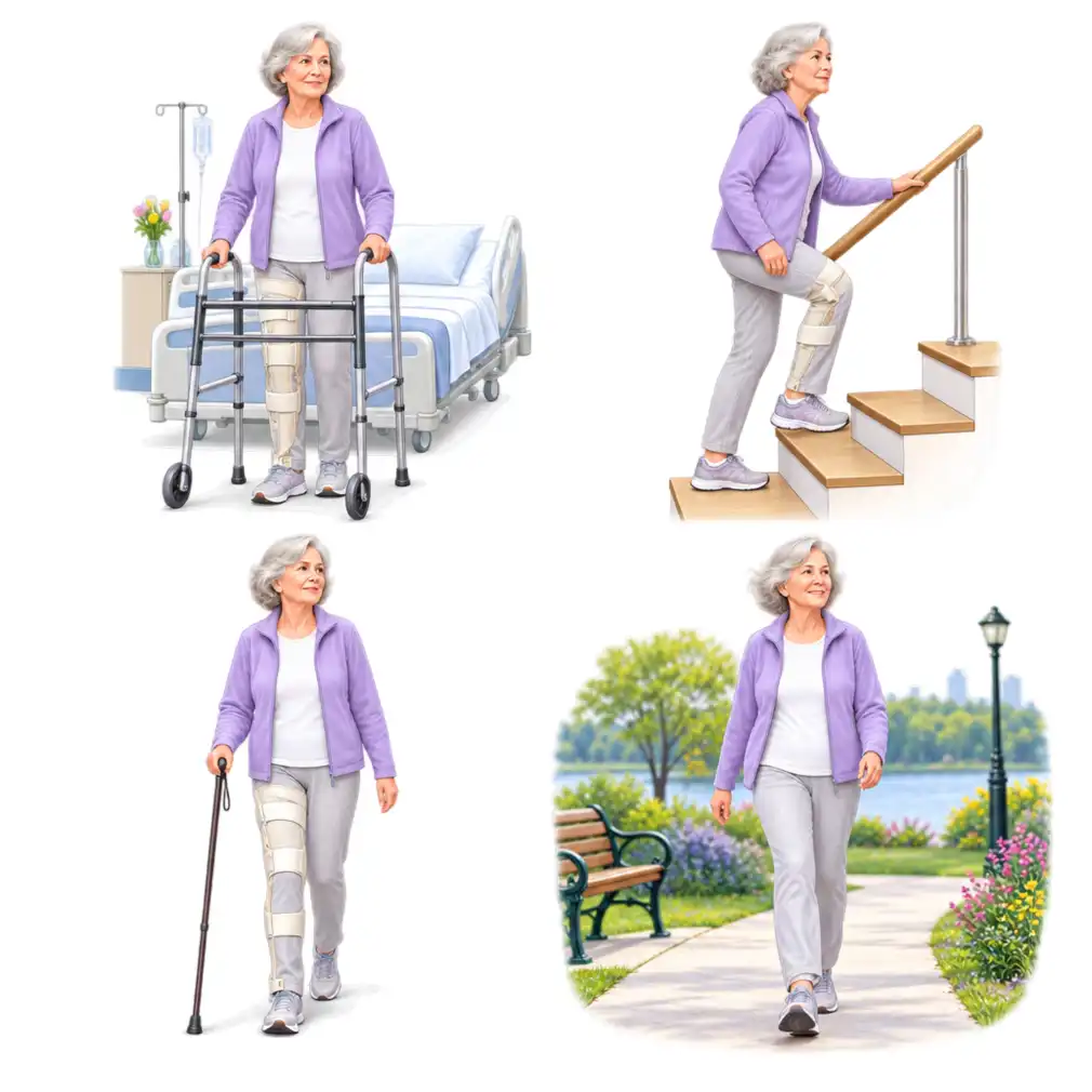 Walking with a walker on day one, stairs by day three or four, a stick by week two or three, and ordinary life by two months.