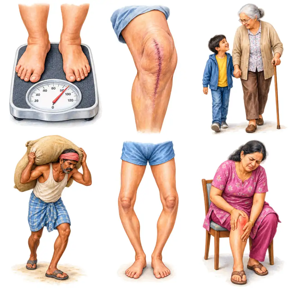 Weight, an old injury, age, heavy work, bow legs, and the fall in oestrogen after menopause — several things push a joint towards wearing out.